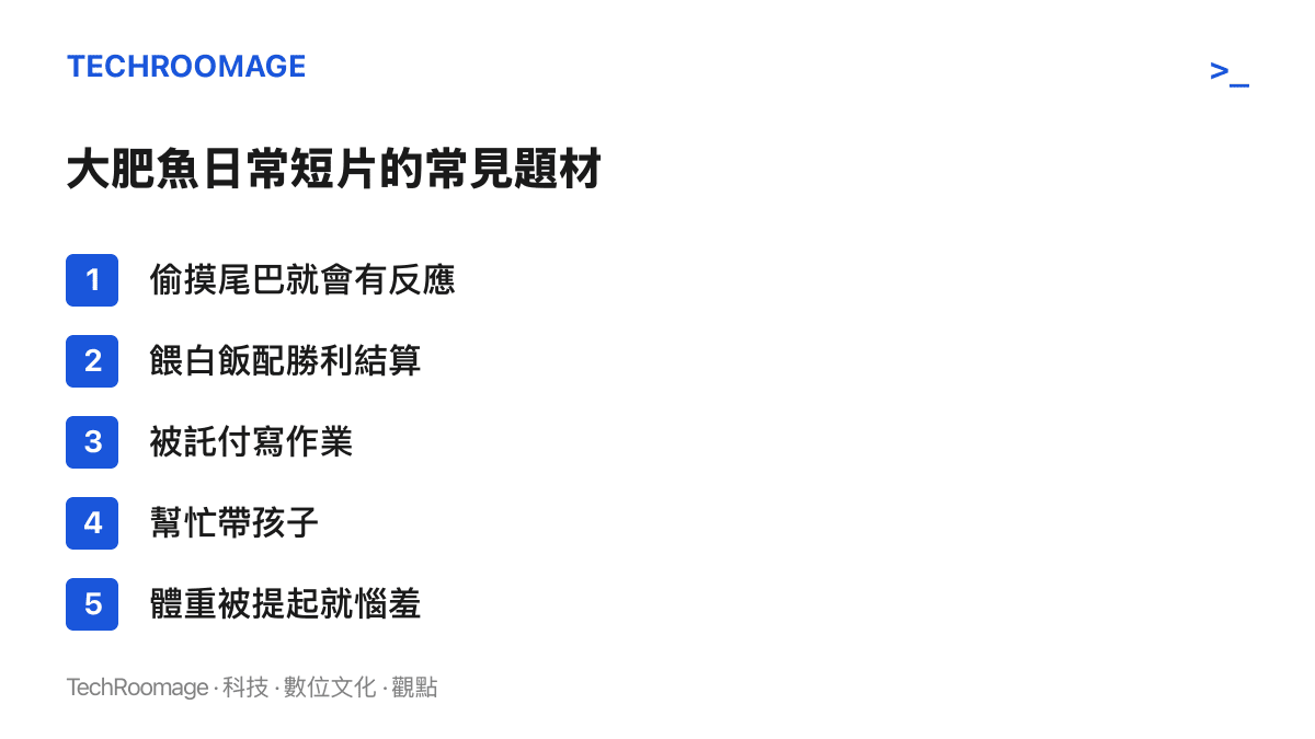 清單圖卡整理大肥魚二創短片最常出現的五種互動題材：摸尾巴、餵白飯、寫作業、帶孩子與體重玩笑