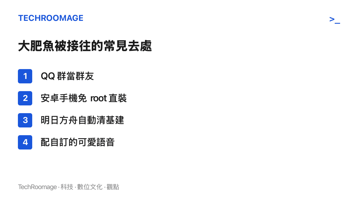 清單圖卡列出網友透過 DeepSeek Harness 把大肥魚接入的四個場景：QQ 羣組、安卓手機桌面、明日方舟基建與自訂語音