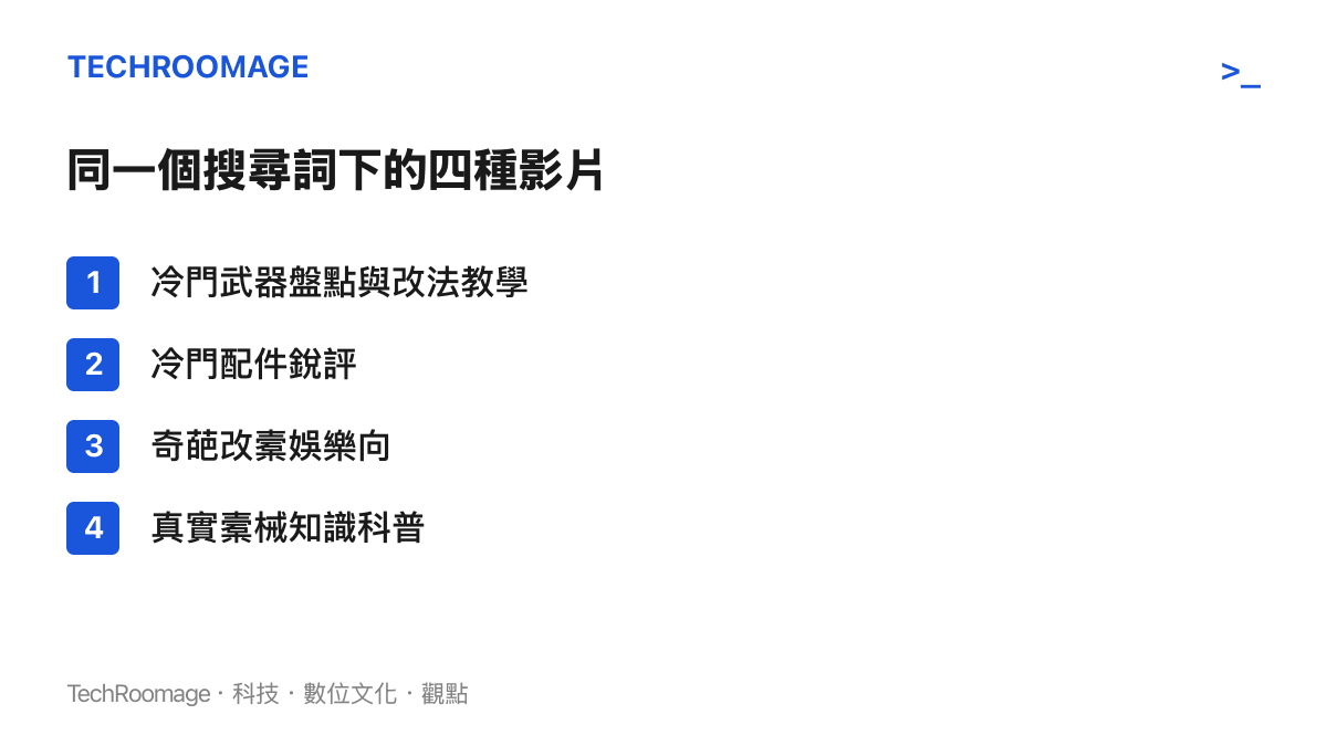 清單圖卡列出三角洲行動冷門搜尋結果中的四種內容形態：冷門武器盤點與改法教學、冷門配件銳評、奇葩改槖娛樂向影片，以及真實槖械知識科普