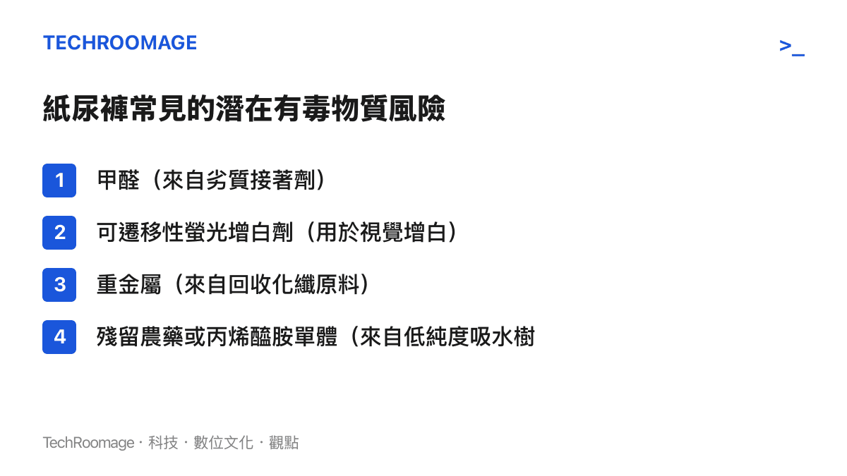 清單列出紙尿褲四種常見潛在有毒物質，包含來自劣質接著劑的甲醛、視覺增白用的螢光增白劑、回收化纖的重金屬以及低純度樹脂殘留物