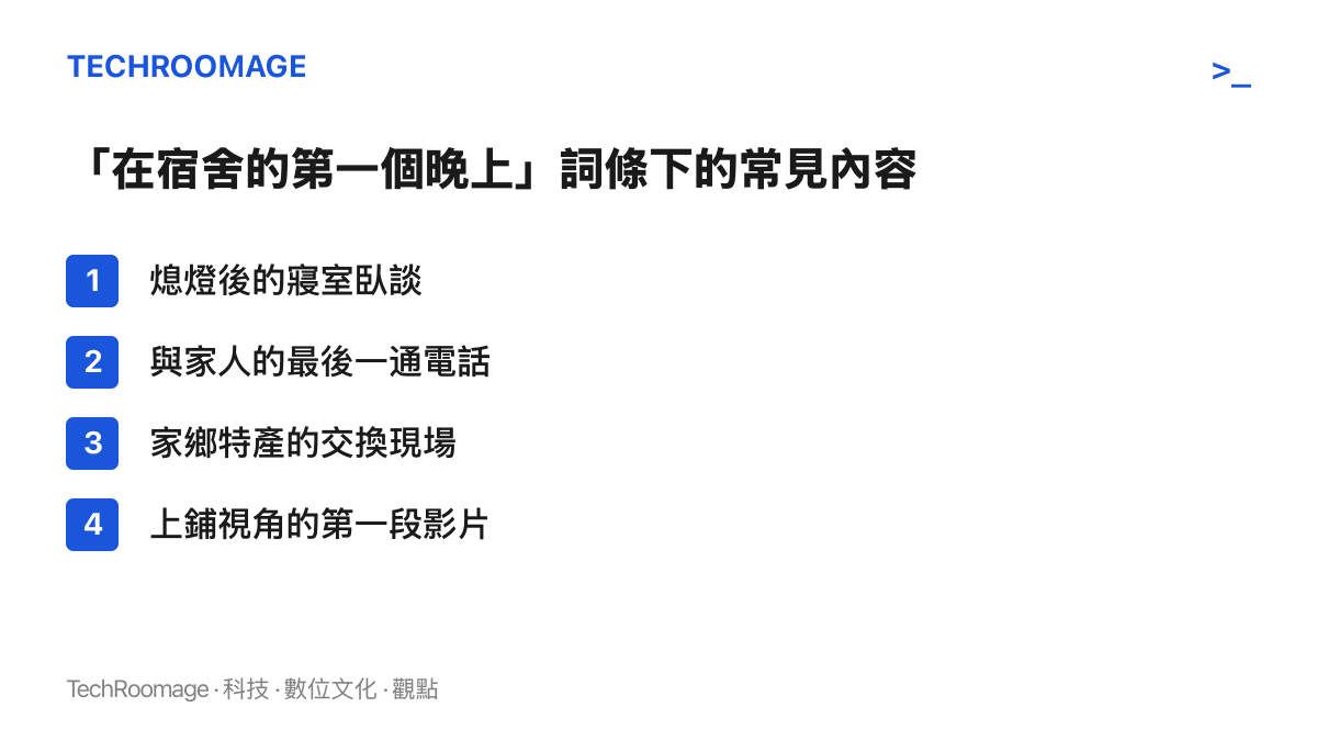 清單圖列出宿舍第一夜熱榜詞條下常見的四類內容：熄燈後的臥談、與家人的最後一通電話、家鄉特產交換，以及上鋪視角的影片