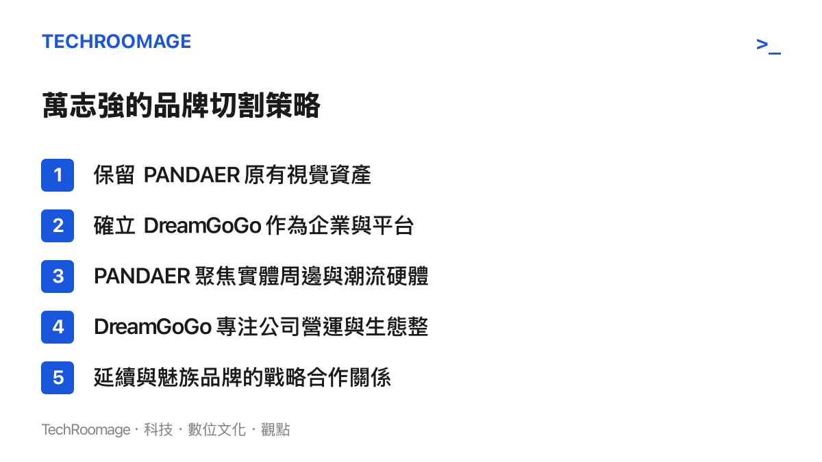 清單列出新創公司將企業平臺標誌 DreamGoGo 與消費性電子品牌 PANDAER 進行用途切割的五個核心策略