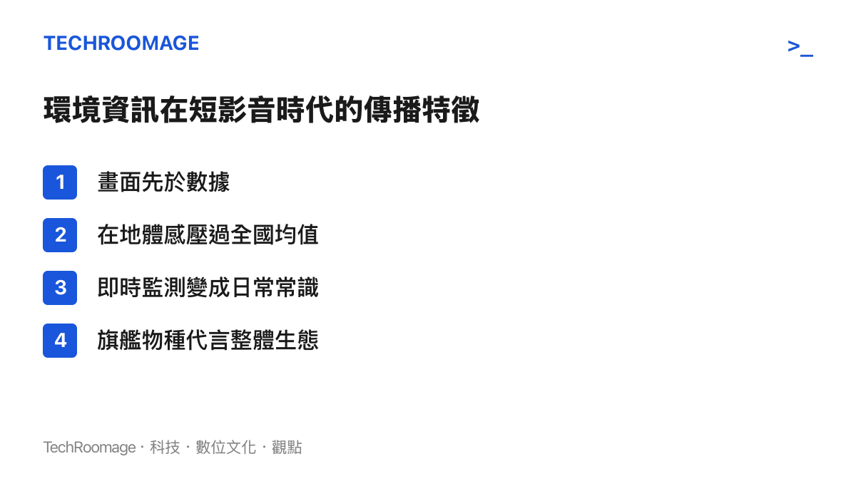 環境資訊在短影音時代呈現四個傳播特徵：畫面先於數據、在地體感壓過全國均值、即時監測變成日常常識、旗艦物種代言整體生態