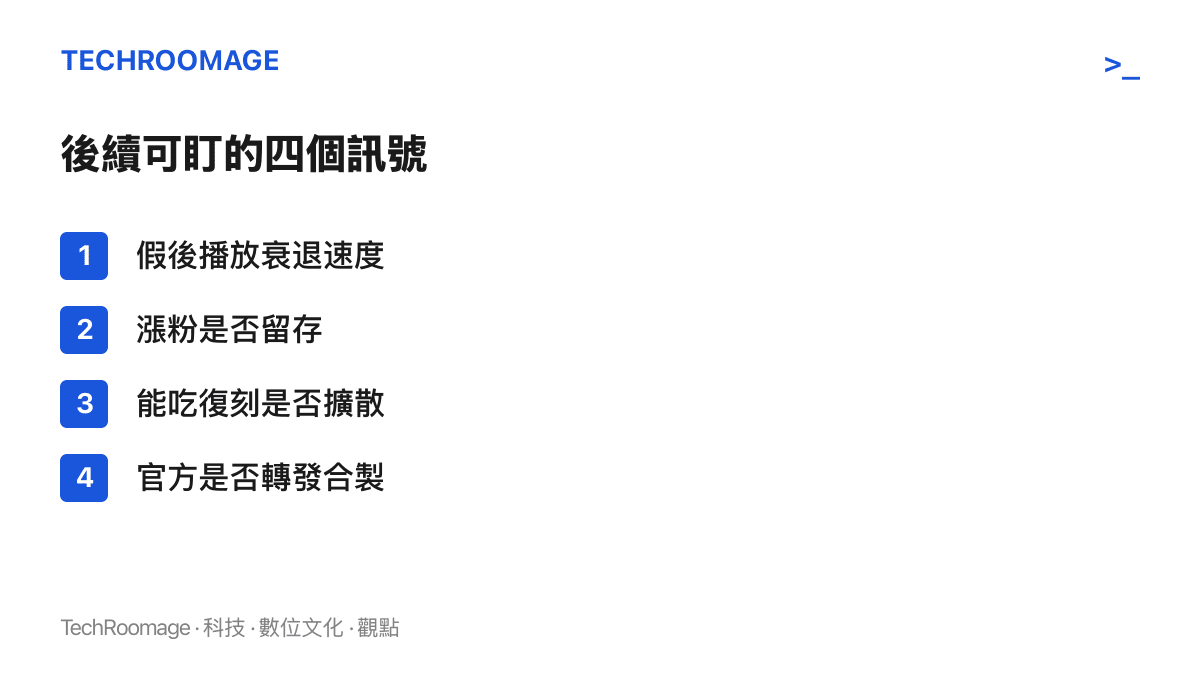 清單圖卡列出國慶花籃影片後續可驗證的四個訊號：假後播放衰退速度、漲粉留存、能喫復刻題材的擴散密度、官方帳號的轉發與合製