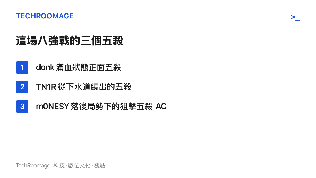 清單圖卡列出這場比賽的三個五殺時刻：donk 的滿血正面五殺、TN1R 從下水道殺出的五殺，以及 m0NESY 在劣勢中打出的狙擊五殺 ACE