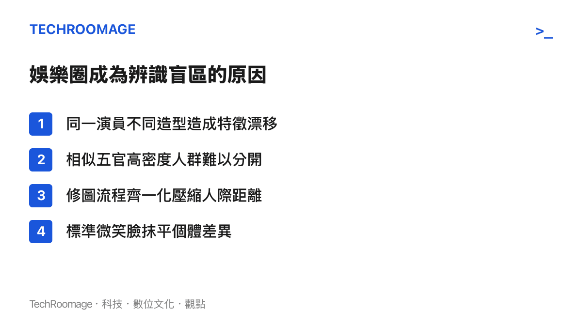列舉娛樂圈成為人臉辨識盲區的四個原因，包含演員造型漂移、五官高密度聚集、修圖流程齊一化與表情標準化。