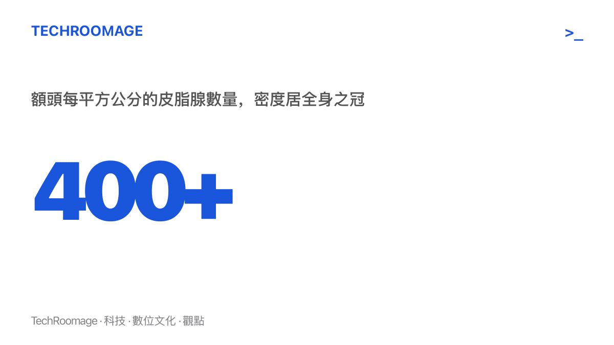 統計圖卡呈現額頭皮脂腺密度每平方公分超過四百個，為全身最高，遠高於手臂與小腿等部位