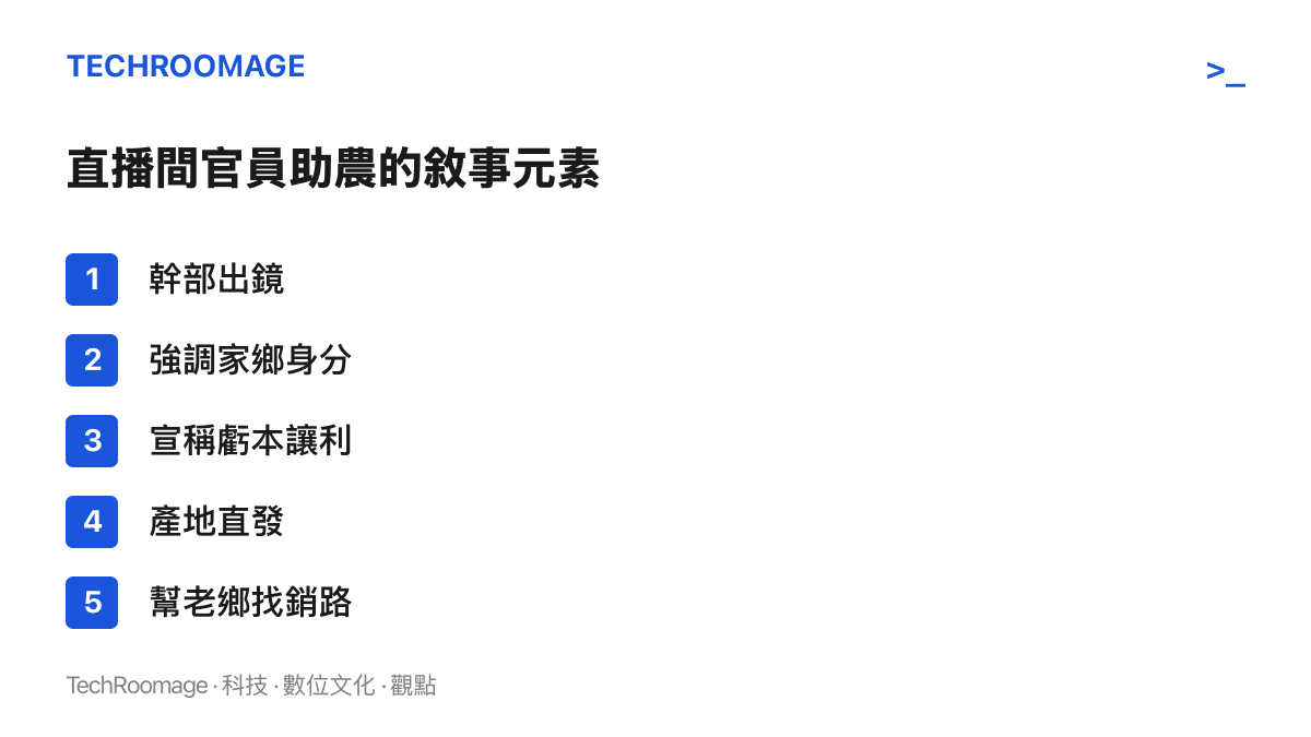 圖卡列舉直播間官員助農敘事的五個常見元素，依序為幹部出鏡、強調家鄉身分、宣稱虧本讓利、產地直發與幫老鄉找銷路