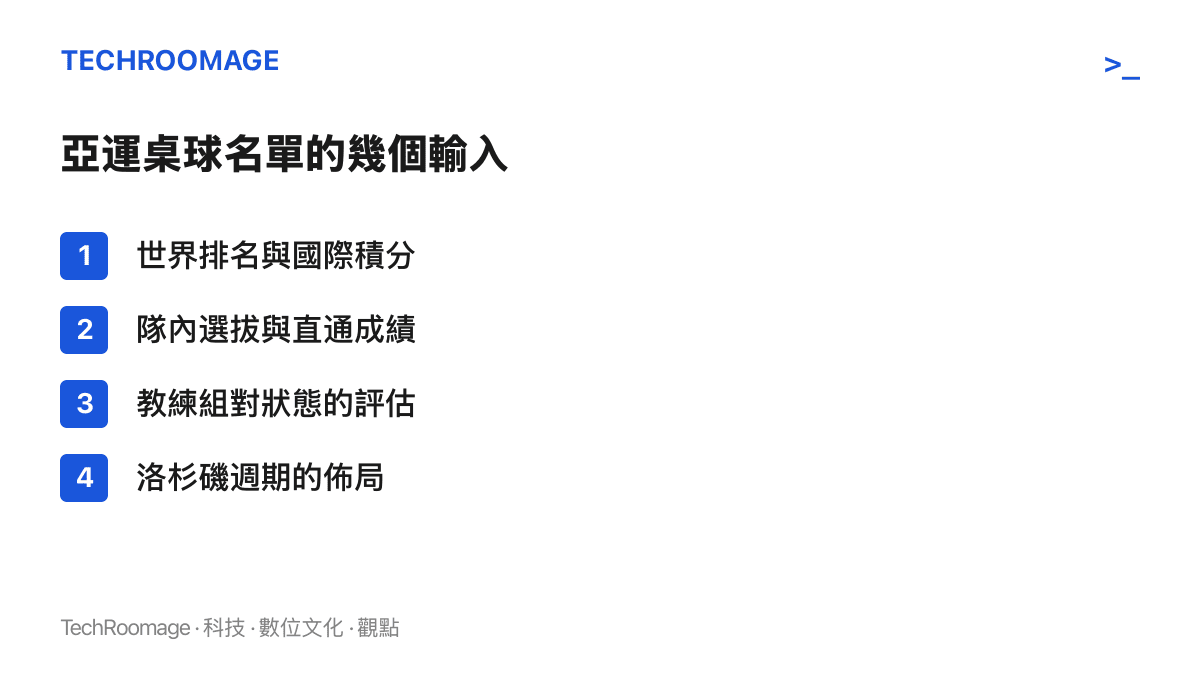 清單圖列出亞運桌球名單的四個選拔輸入：世界排名與國際積分、隊內選拔與直通成績、教練組對狀態的評估，以及洛杉磯週期的佈局考量