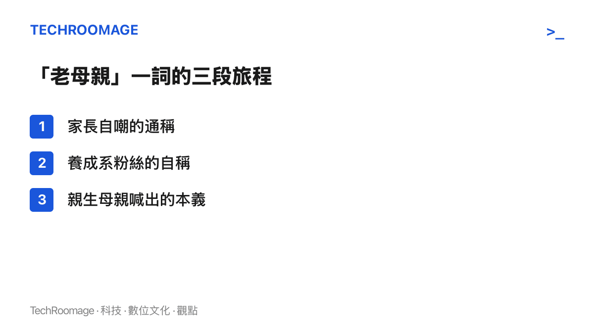 清單圖卡列出老母親一詞的三個使用階段，依序為家長自嘲的通稱、養成系粉絲的自稱，以及王菲以親生母親身分喊出的本義