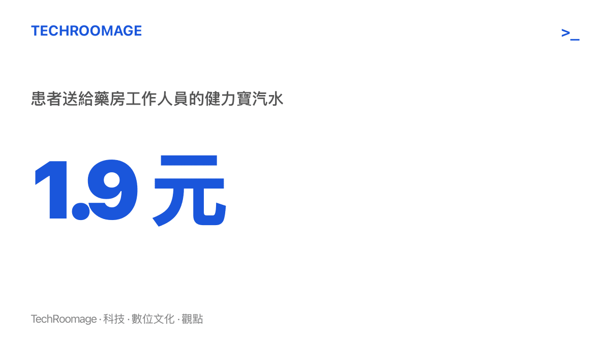 圖面以大字標示 1.9 元人民幣，這是患者送給佛山復星禪誠醫院藥房工作人員那罐健力寶蜂蜜口味汽水的價格