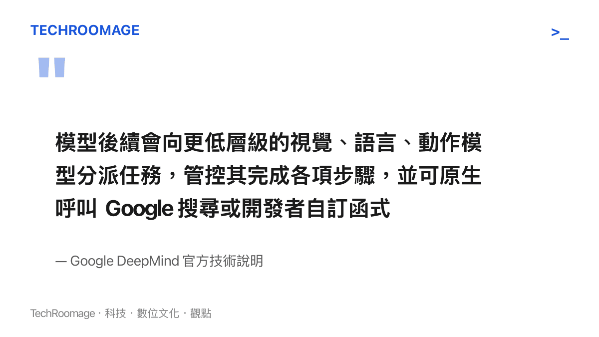 引述 Google DeepMind 官方針對 Gemini Robotics ER 2 模型任務分派與外部呼叫功能的技術說明