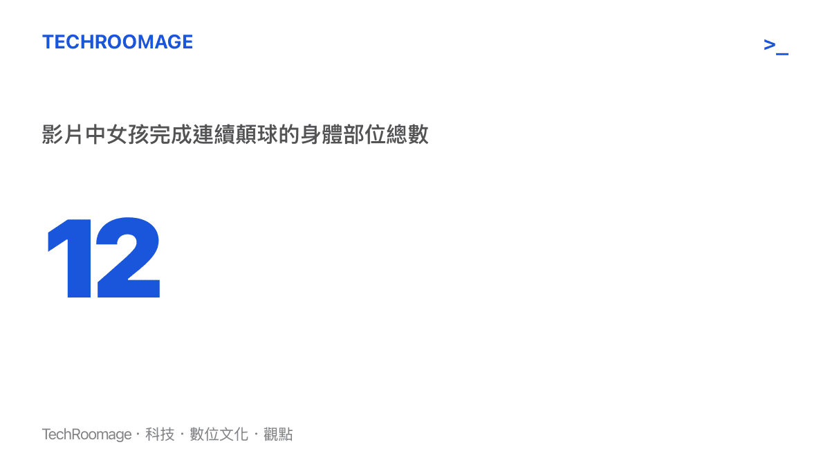 統計圖卡呈現影片中女孩完成連續顛球的身體部位總數為十二，凸顯其高超的足球控制力