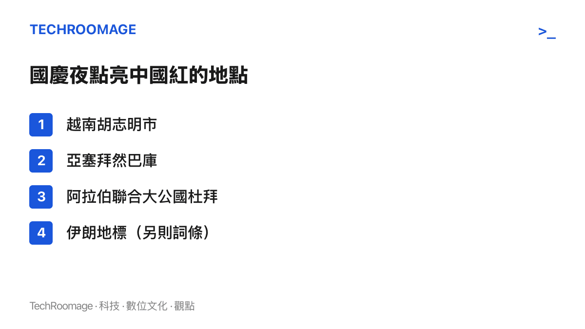 清單列出國慶夜傳出點亮中國紅的地點，包括越南胡志明市、亞塞拜然巴庫、阿拉伯聯合大公國杜拜，以及另一則熱搜詞條提到的伊朗地標