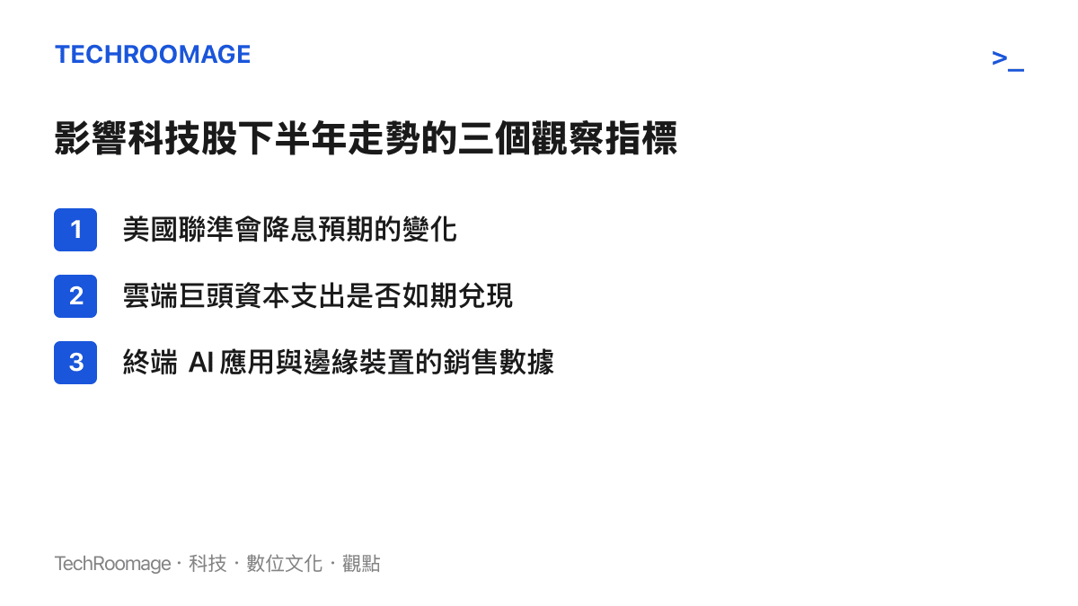列出影響全球科技股下半年走勢的三個關鍵觀察指標清單