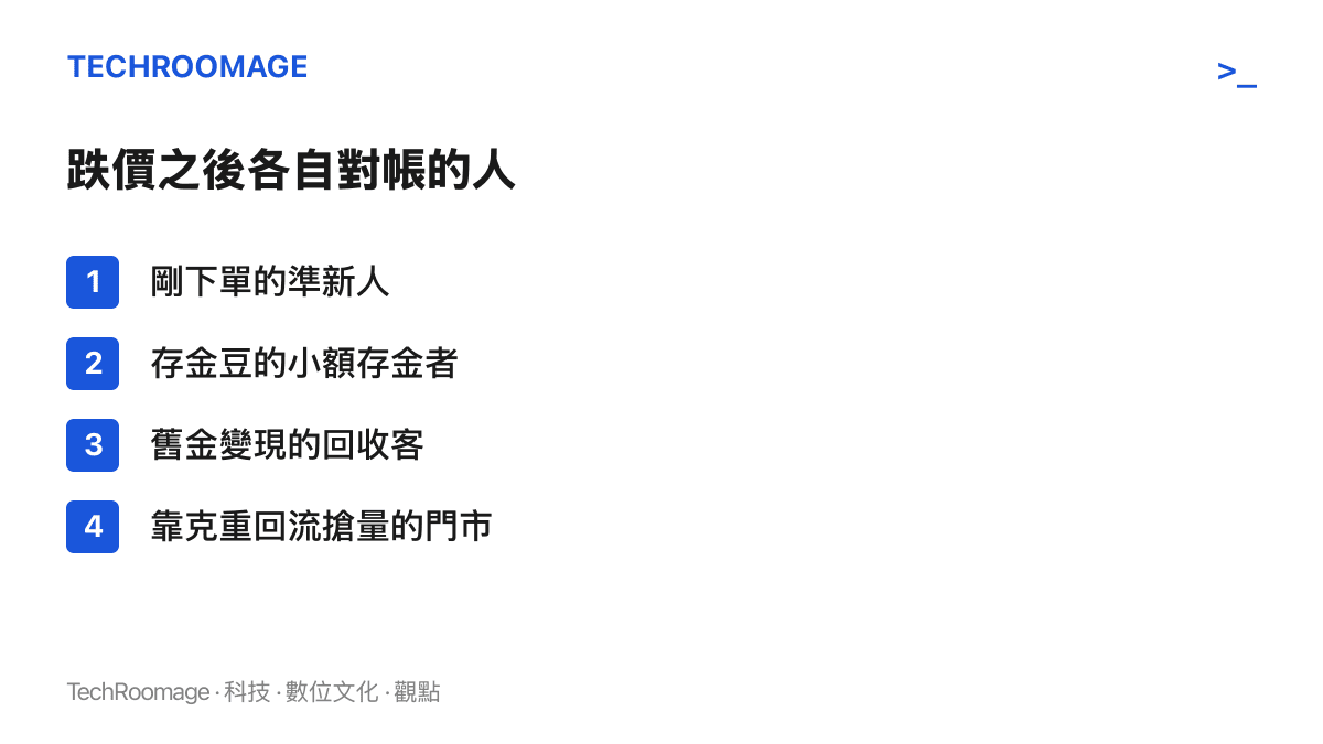 金飾跌價後需要重新對帳的四種人：剛下單的準新人、存金豆的小額存金者、舊金變現的回收客，以及靠克重回流搶量的門市