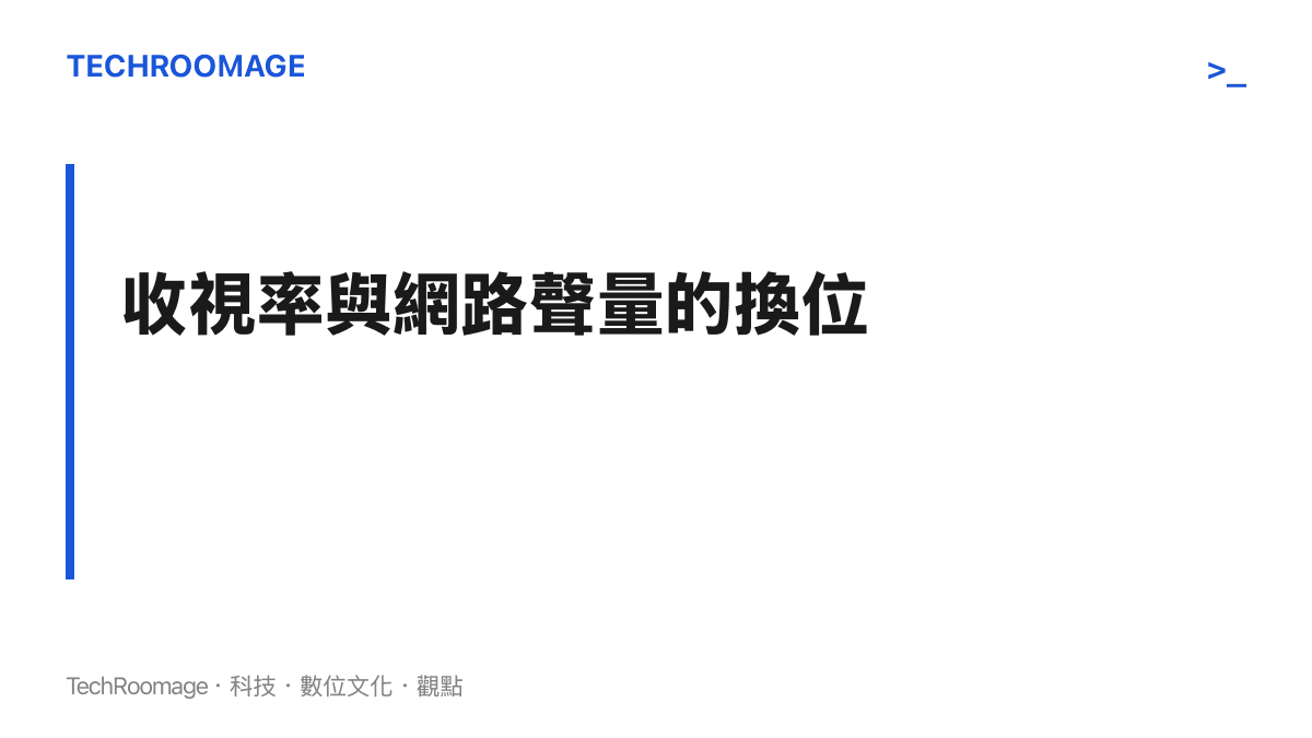 一個名為收視率與網路聲量換位的標題，探討傳統影視評價體系向數位流量指標轉移的現象