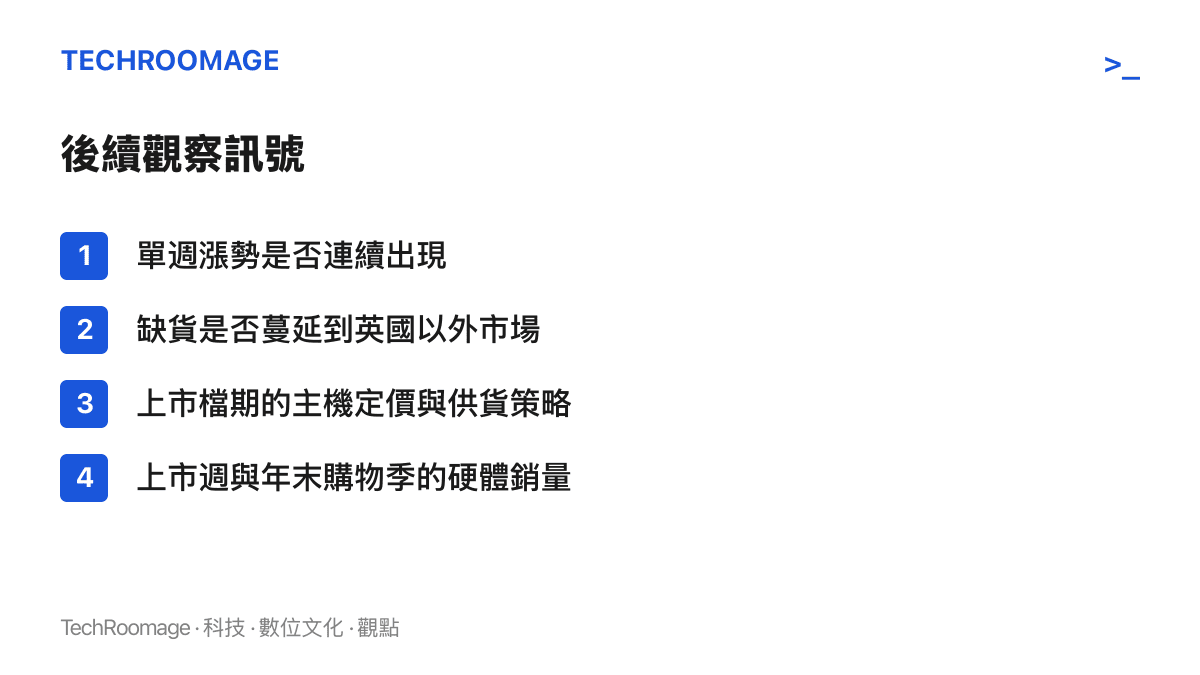清單列出四個後續觀察訊號：單週漲勢能否延續、英國以外市場是否跟進缺貨、上市檔期的定價與供貨策略，以及遊戲上市週與年末購物季的主機銷量表現