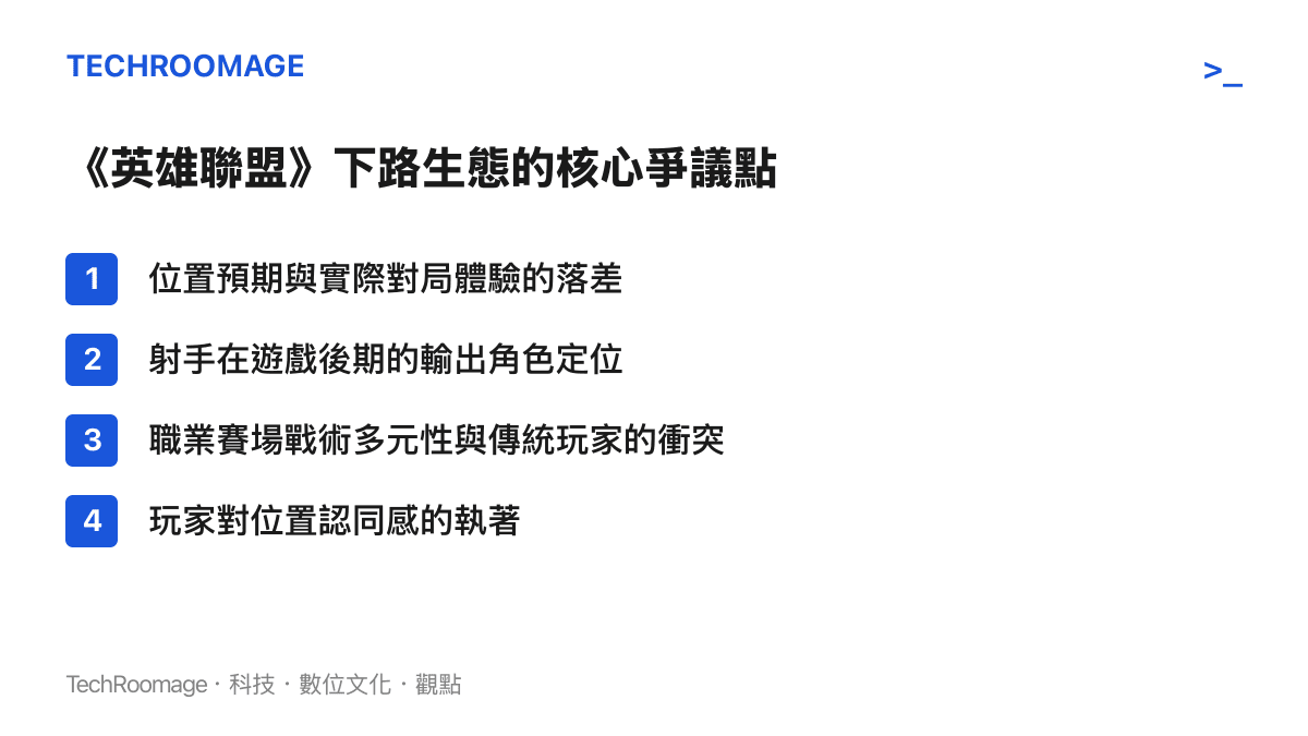 清單圖卡列出英雄聯盟下路生態的四大爭議面向，涵蓋玩家心理預期、角色輸出定位與戰術多元性
