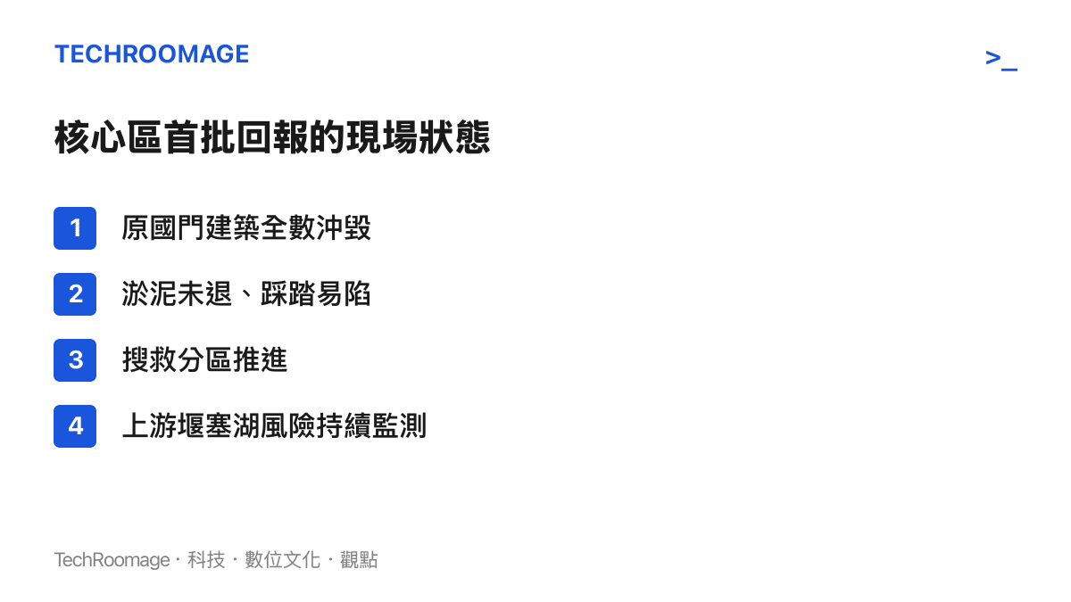 清單圖卡列出吉隆口岸受災核心區首批回報的現場狀態，包含國門建築沖毀、淤泥未退、搜救分區與堰塞湖監測等項目