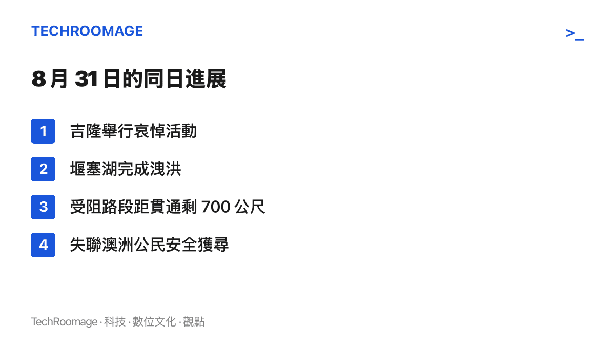 清單列出八月三十一日吉隆災區的四項進展，包括哀悼活動舉行、堰塞湖洩洪完成、道路貫通剩七百公尺、失聯澳洲公民安全獲尋