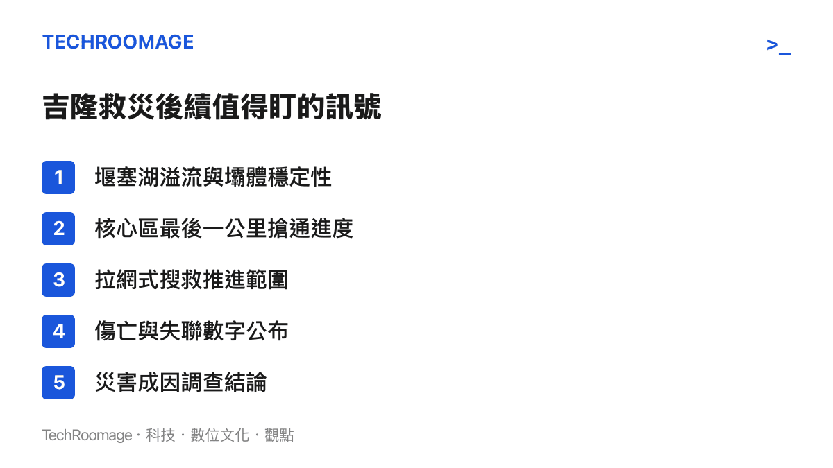 清單圖卡列舉吉隆口岸救災後續值得關注的五個訊號：堰塞湖溢流與壩體穩定、最後一公裏搶通進度、拉網式搜救推進範圍、傷亡與失聯數字公布、災害成因調查結論。
