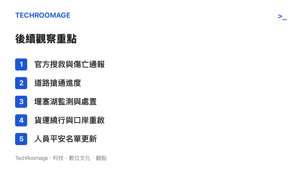 清單列出吉隆口岸災後五個觀察重點，涵蓋搜救通報、道路搶通、堰塞湖監測、貨運繞行安排與平安名單更新
