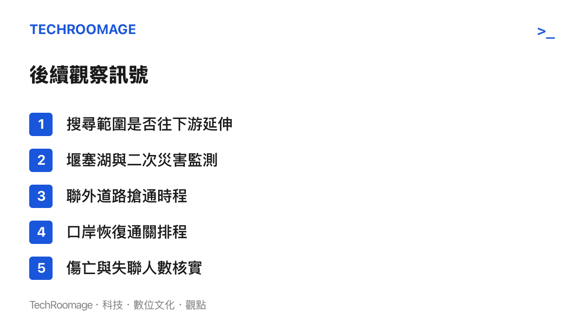 圖卡列出吉隆口岸災後五個觀察訊號，包含搜尋範圍延伸、堰塞湖監測、道路搶通、口岸通關排程與傷亡人數核實