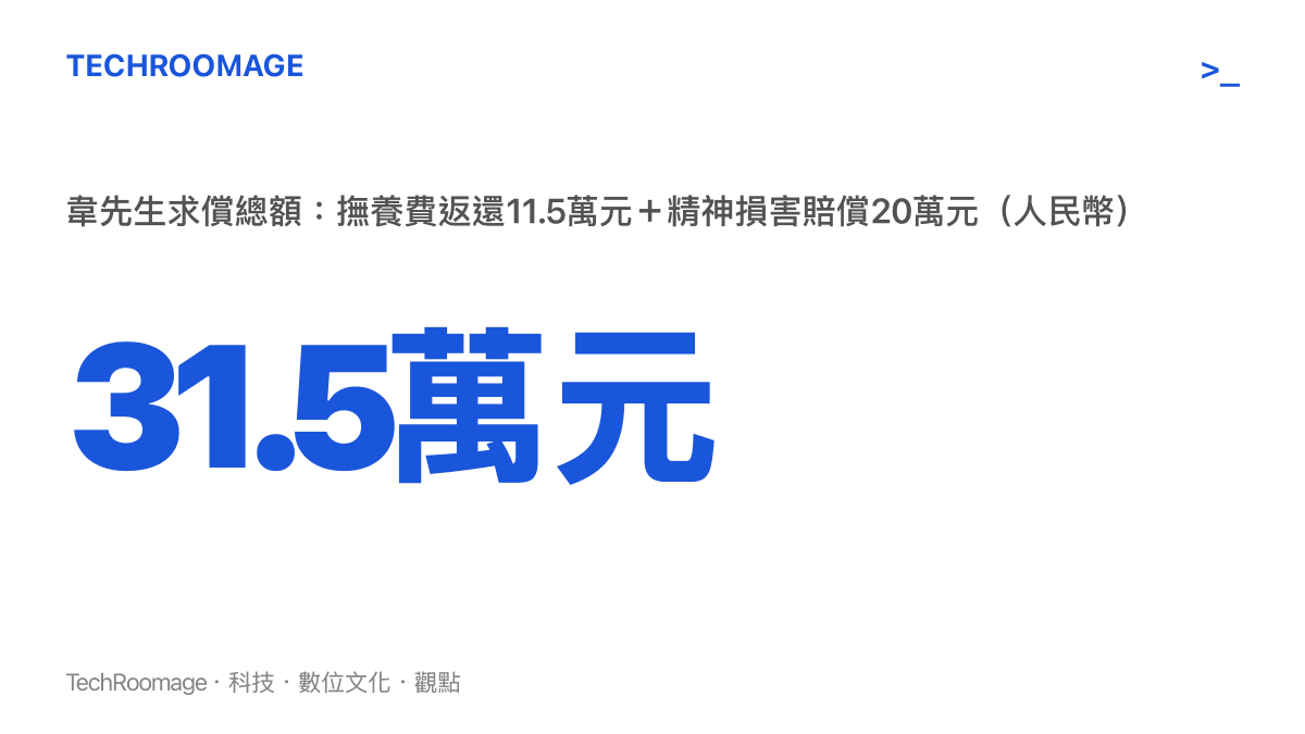 統計圖卡呈現韋先生請求的賠償總額人民幣三十一萬五千元，由撫養費返還十一萬五千元與精神損害賠償二十萬元組成，與女方每個孩子賠一萬元的提議差距懸殊