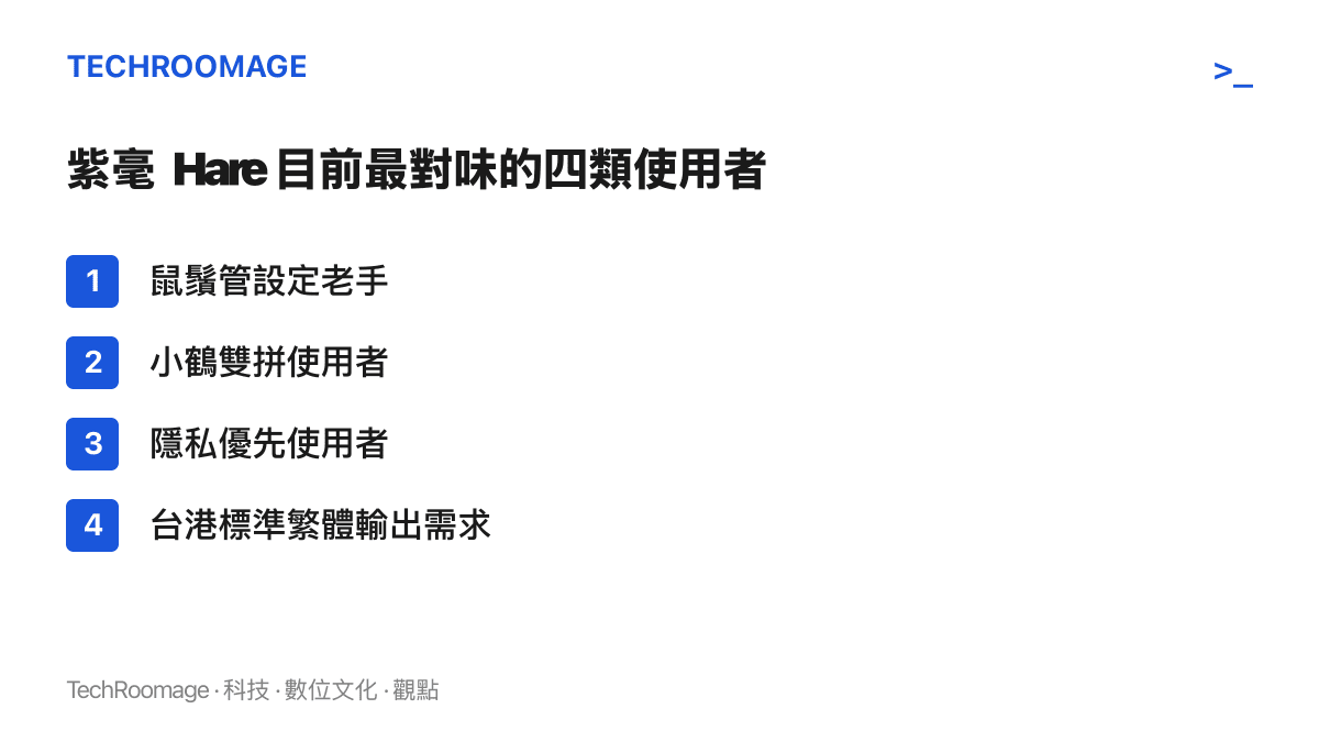 清單圖卡整理紫毫 Hare 最適用的四類對象：鼠鬚管設定老手、小鶴雙拼使用者、隱私優先使用者，以及需要臺灣或香港標準繁體輸出的人