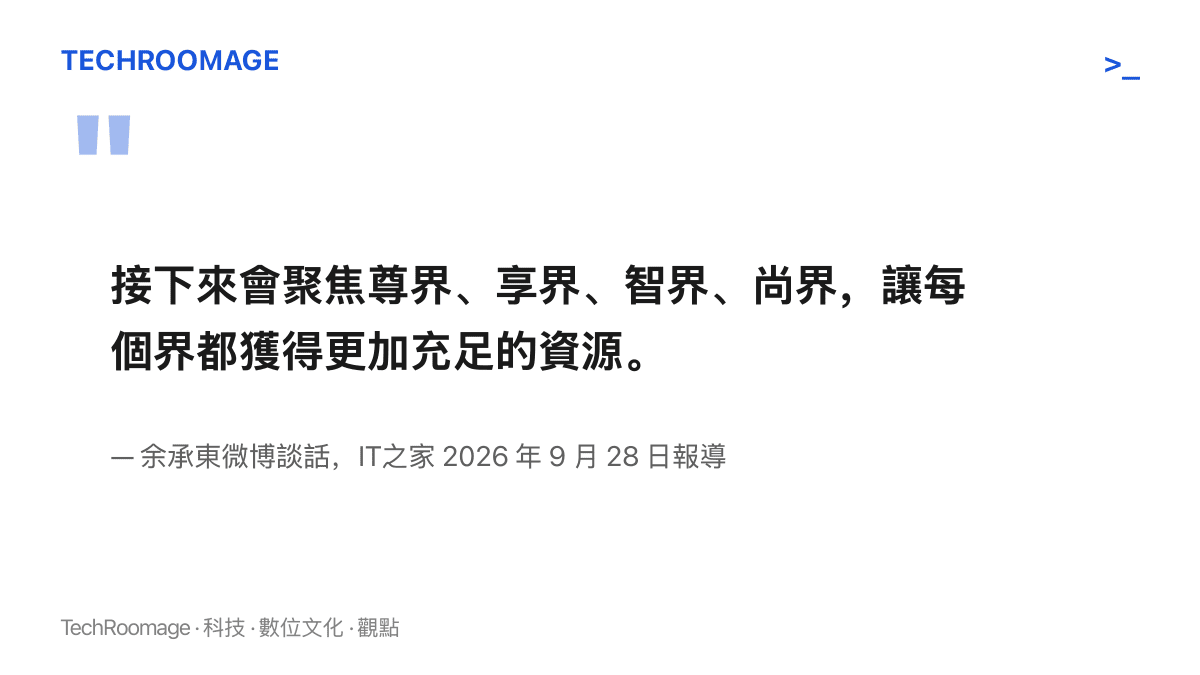 引言圖卡呈現餘承東 2026 年 9 月 24 日的微博談話：接下來聚焦尊界、享界、智界、尚界四個品牌，讓每個界都獲得更充足的資源