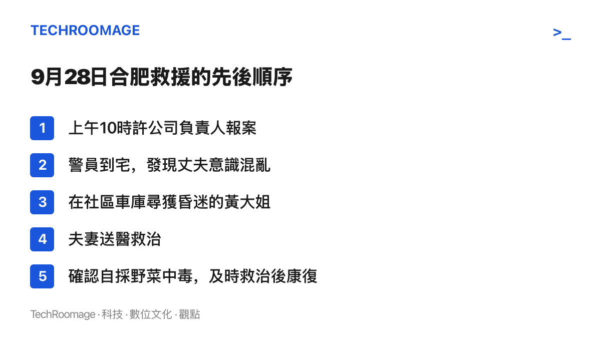 時間順序呈現合肥野菜中毒事件的救援過程，從上午十時許公司負責人報案、警員到宅發現丈夫意識混亂、社區車庫尋獲昏迷的黃大姐，到送醫確認中毒與康復