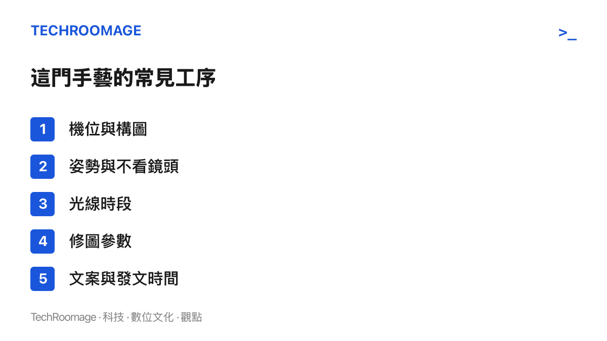 清單圖列出手機攝影教學常見的五項工序：機位構圖、姿勢示範、光線時段、修圖參數，以及文案與發布時間