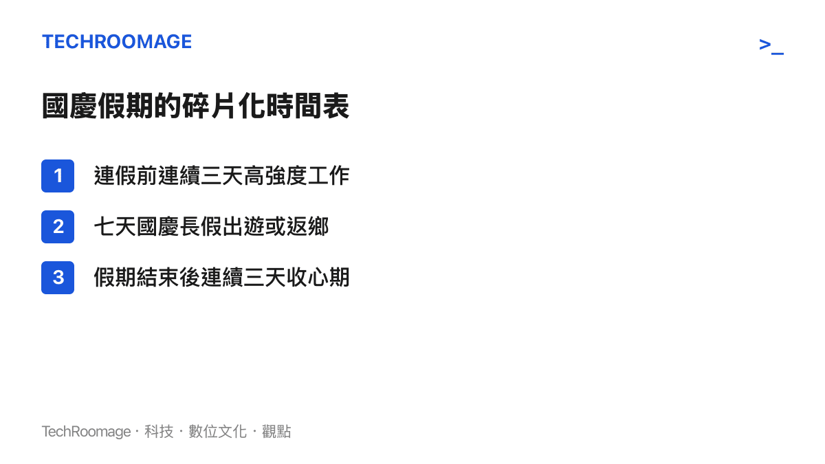 國慶假期日程安排示意圖，呈現連假前三天高強度工作、七天長假以及假期結束後連續三天收心期的時間分配狀態