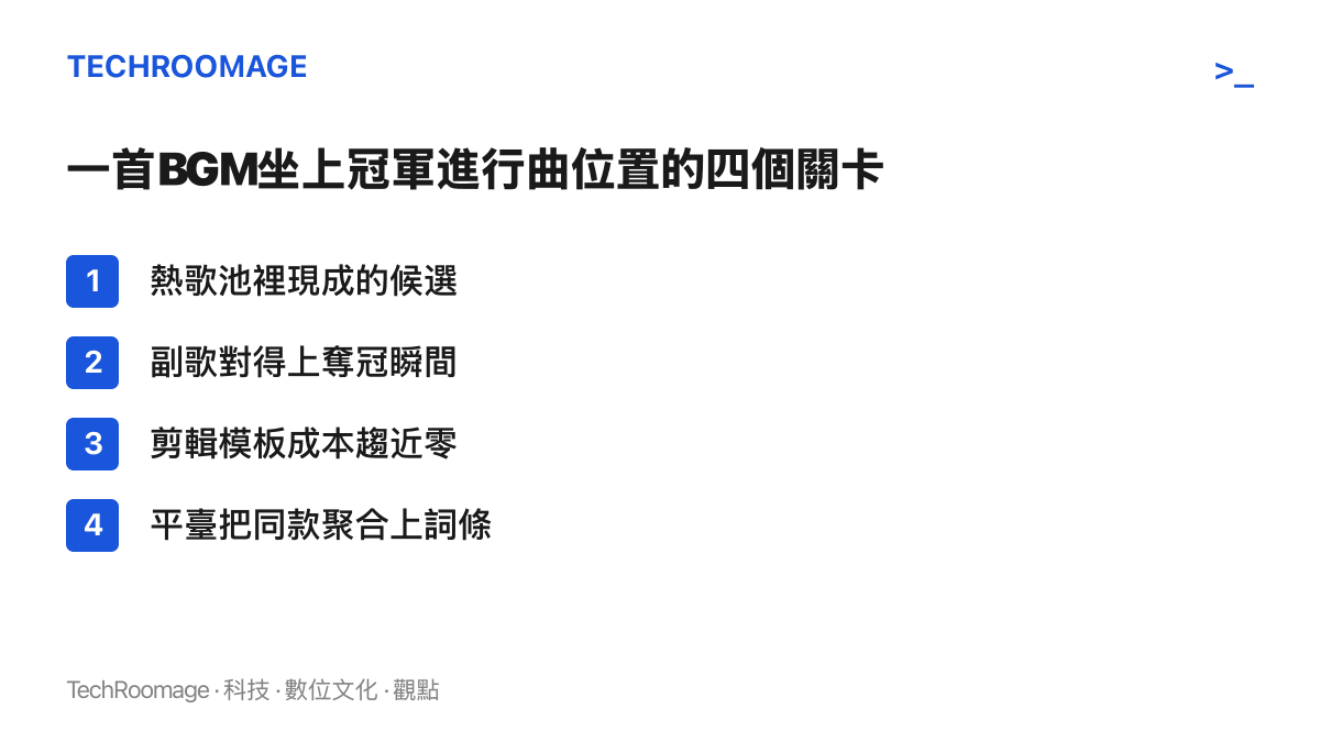 圖卡列出熱門BGM成為亞運冠軍配樂前經過的四個關卡：熱歌池候選、副歌對位、剪輯模板與平臺聚合