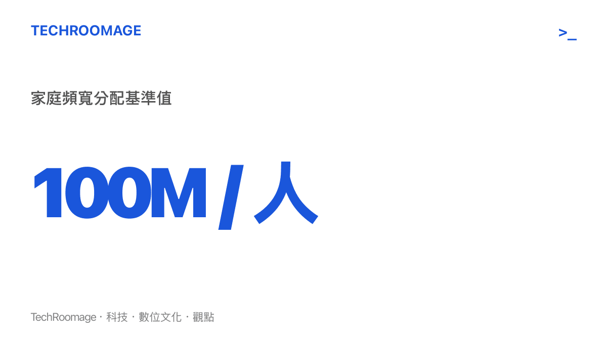 統計圖卡呈現家庭網路每人建議分配一百兆頻寬的基準數值