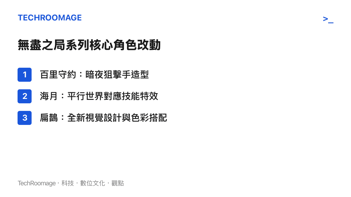 條列說明王者榮耀無盡之局系列中百裏守約、海月與扁鵲的新造型設計元素