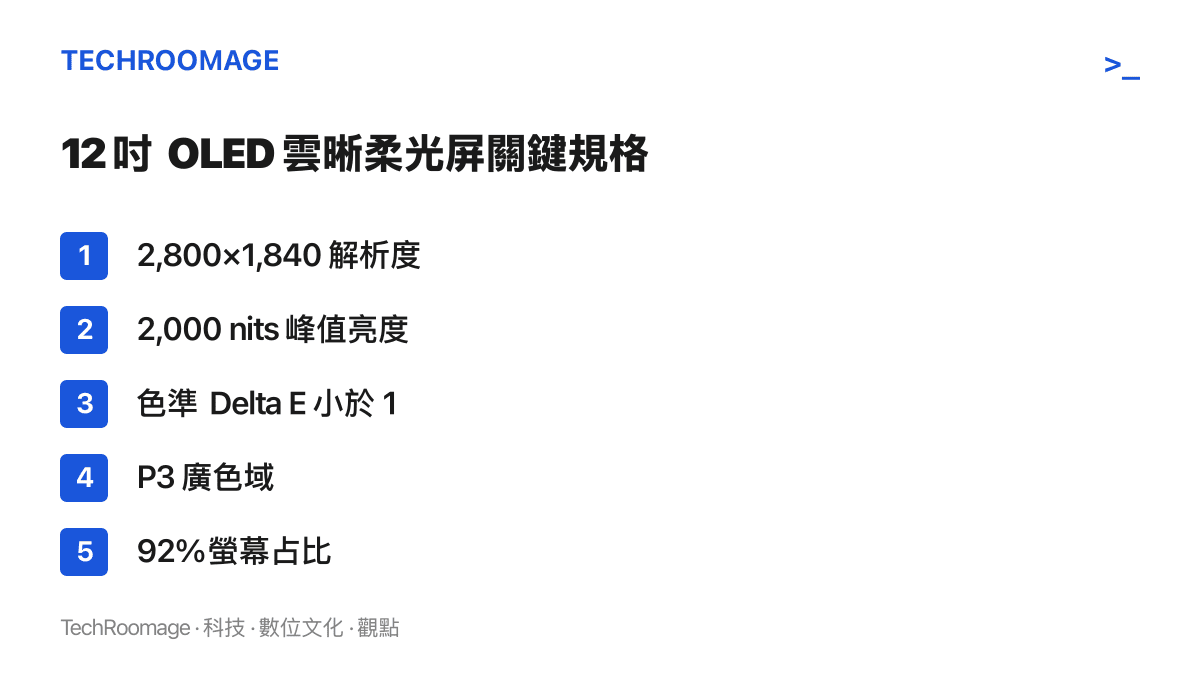 清單圖卡列出 MatePad Air 螢幕的五項關鍵數字，包含解析度、峯值亮度、色準水準、廣色域覆蓋與螢幕佔比