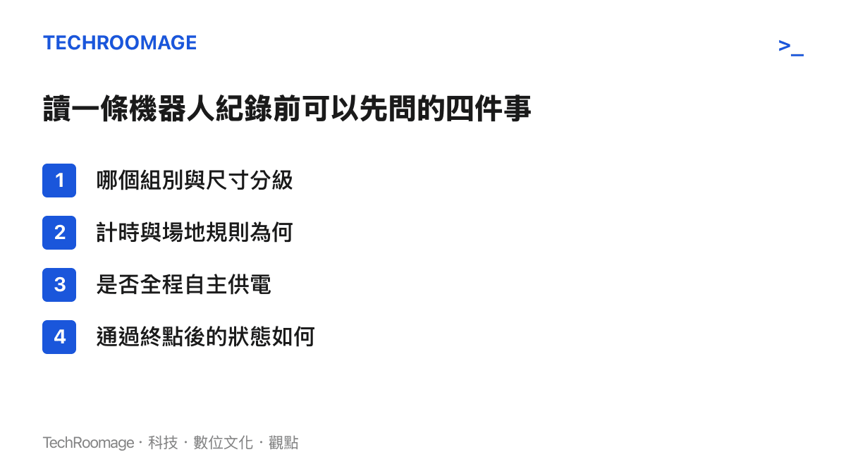 清單呈現檢視機器人運動紀錄前的四個問題，包含組別與尺寸分級、計時與場地規則、是否全程自主供電，以及機器人通過終點後的狀態