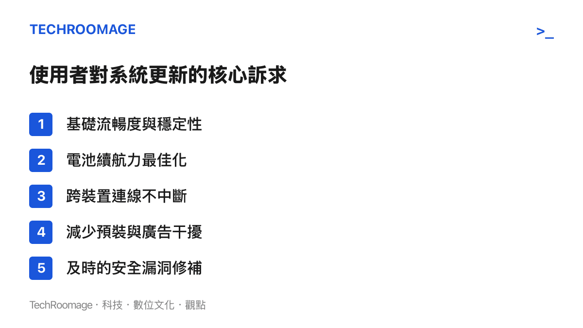 條列式圖卡展示使用者對手機作業系統更新的五大核心訴求，包含流暢度與續航等