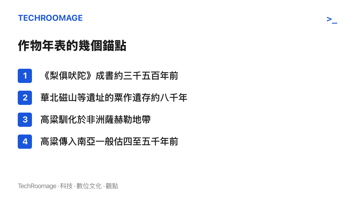清單圖卡列出作物年代的四個錨點，包括梨俱吠陀成書約三千五百年前、華北粟作遺存約八千年、高粱馴化於非洲，以及高粱傳入南亞的估計年代