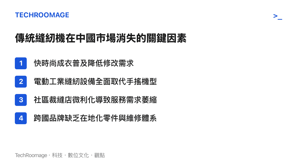 列出傳統縫紉機在中國市場遭到淘汰的四個主要因素，包含快時尚普及、電動設備取代、裁縫店微利化與跨國品牌缺乏在地維修體系。