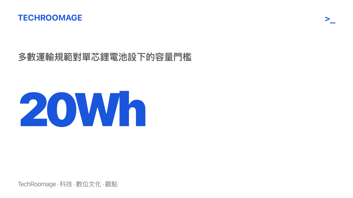 20Wh 是多數國家與地區運輸規範中單芯鋰電池適用一般貨物程序的容量上限，超過即須滿足額外運輸要求