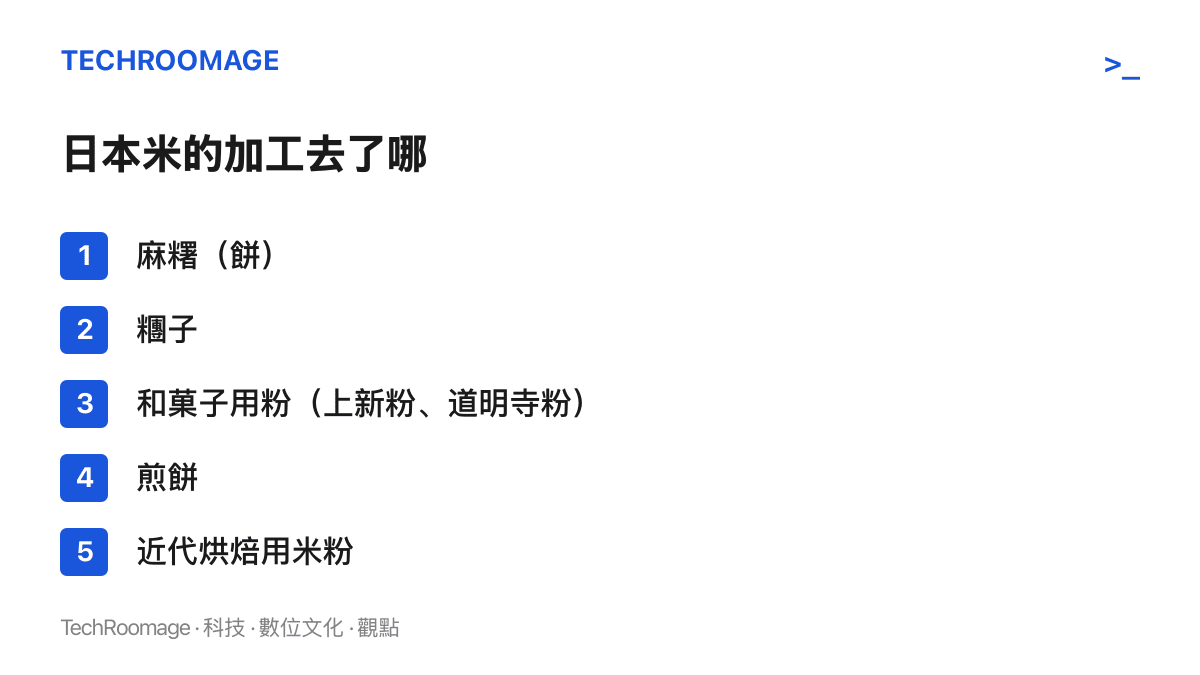 清單圖卡列出日本稻米加工的五個主要去處：麻糬、糰子、和菓子用粉、煎餅與近代烘焙用米粉