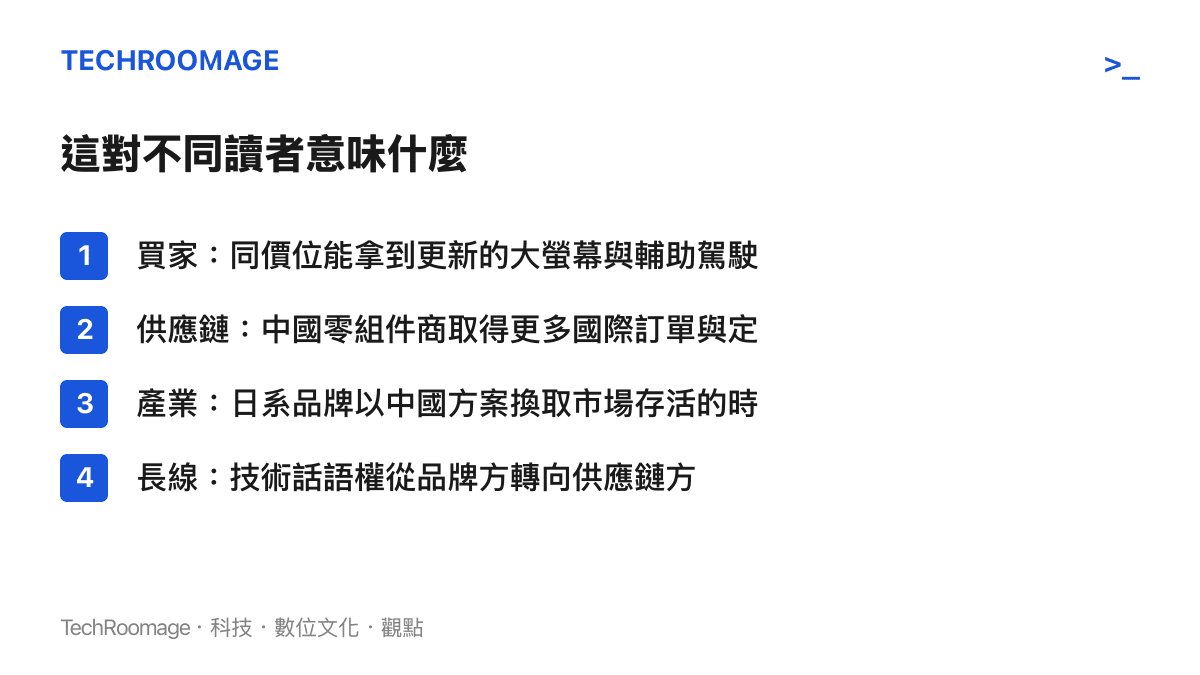 日系車採用中國技術對消費者、供應鏈與產業各方影響的條列圖卡
