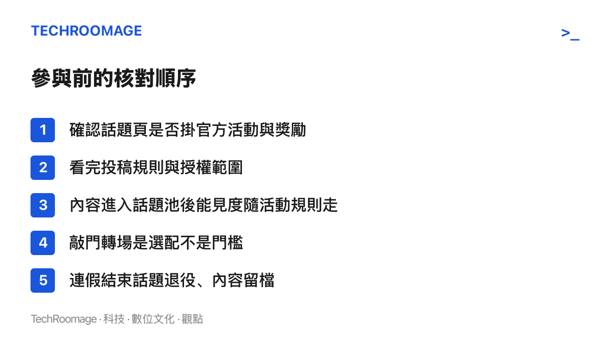 清單圖卡列出使用者參與假期話題活動前可依序核對的五個步驟，包含確認官方活動、閱讀投稿規則與授權範圍，以及留意內容留檔