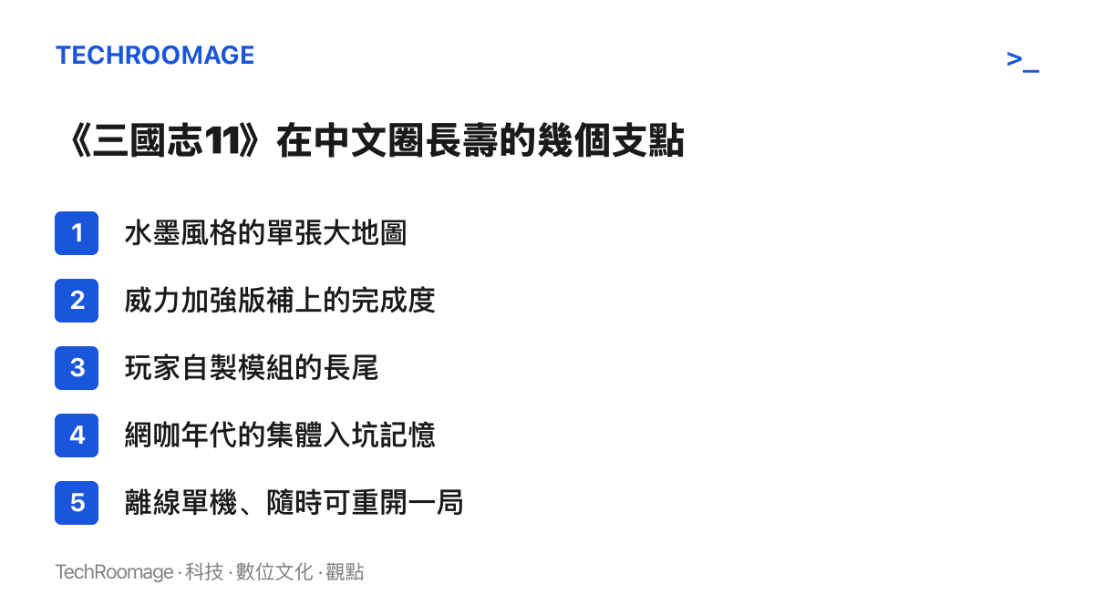 列舉《三國志11》在中文玩家圈維持人氣的五個支柱，包含水墨大地圖、威力加強版、自製模組、網咖年代記憶與單機可反覆重開的特性