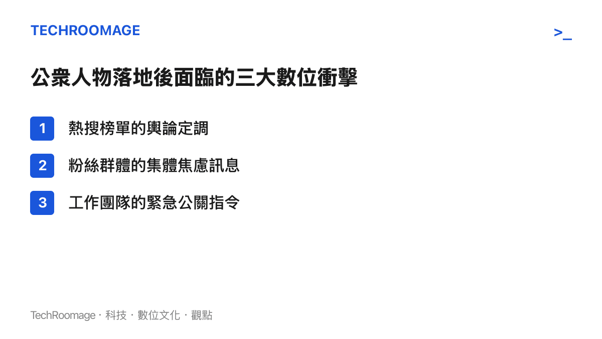 清單列出公衆人物下飛機後面臨的三種數位衝擊來源，包含熱搜榜單、粉絲焦慮與公關指令