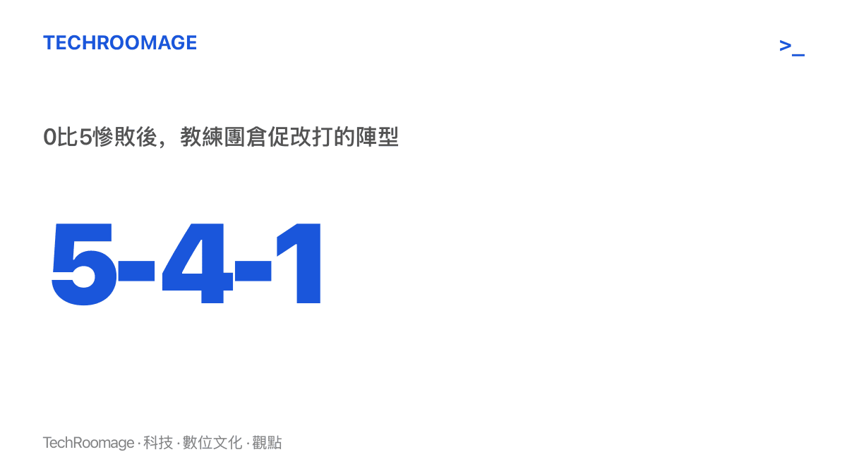 統計圖卡呈現5-4-1陣型數字，代表中國男足在0比5慘敗巴勒斯坦之後，對塔吉克斯坦倉促啟用的五後衛防守布置