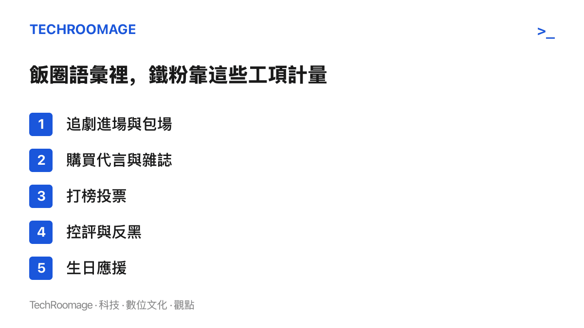 清單圖列出飯圈文化中衡量鐵粉投入程度的常見項目，包括追劇包場、購買代言商品、打榜投票、控評反黑與生日應援